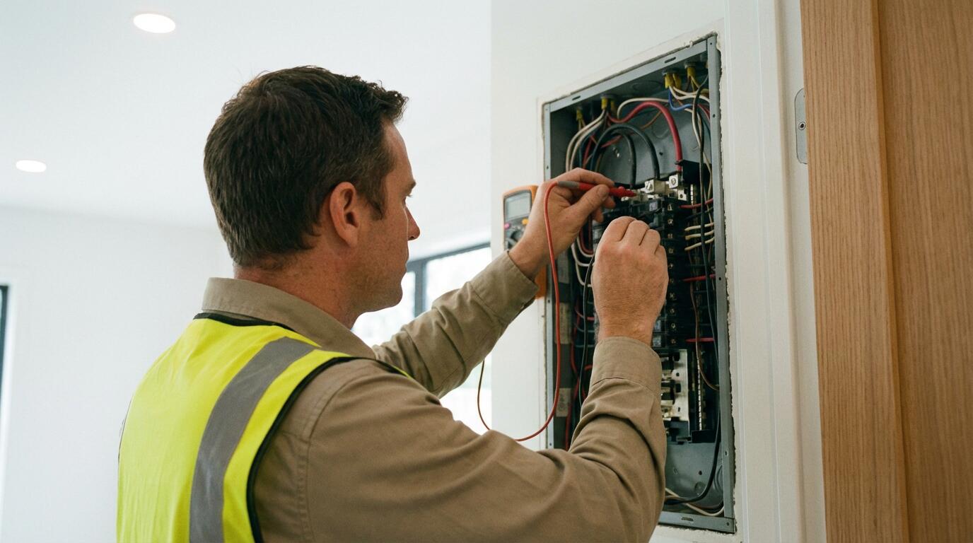 Technicien de contrôle effectuant une vérification sur un tableau électrique avec appareil de mesure
