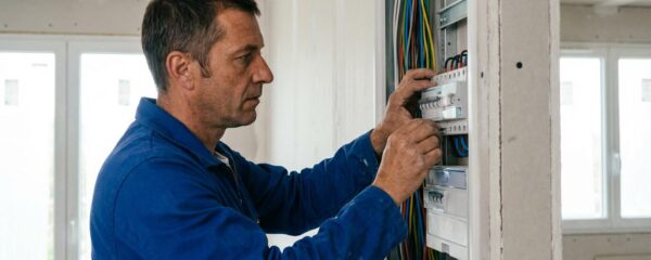 Électricien professionnel inspectant un tableau électrique moderne sur un chantier de construction neuve