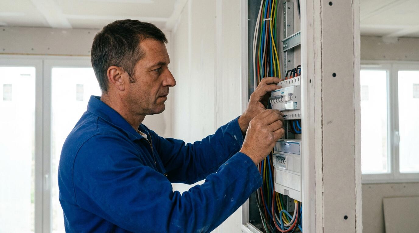 Électricien professionnel inspectant un tableau électrique moderne sur un chantier de construction neuve
