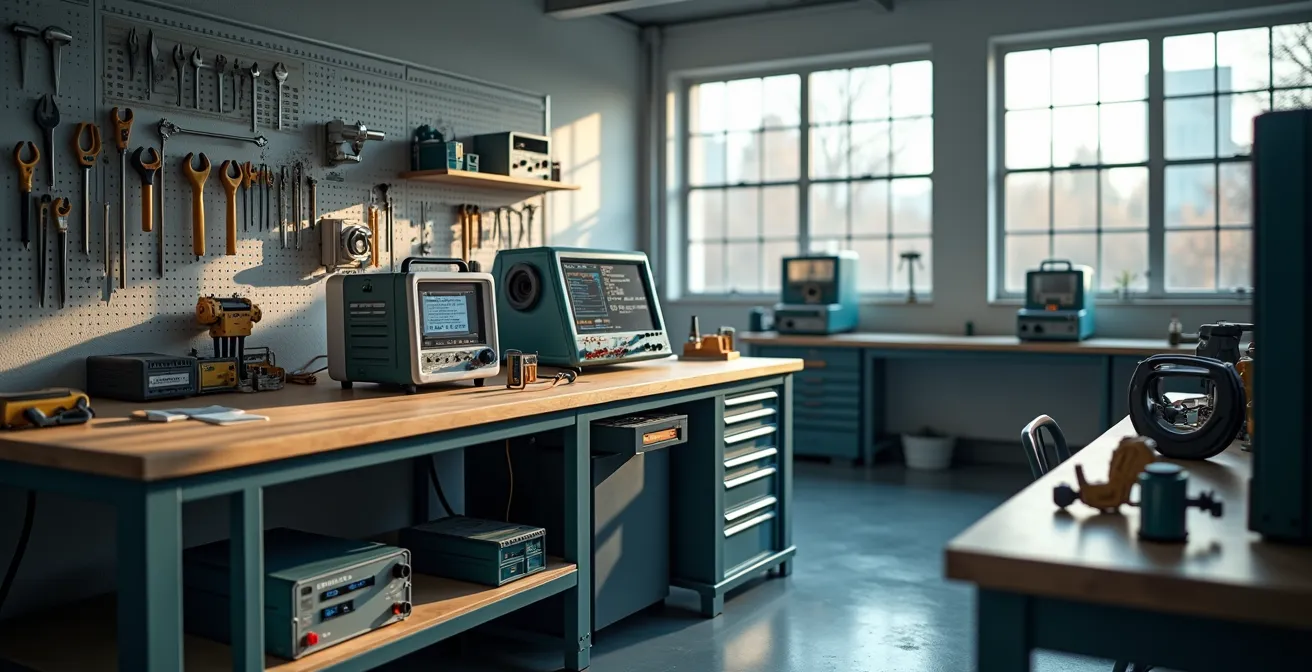 Atelier d'électricien professionnel avec équipements et outils organisés