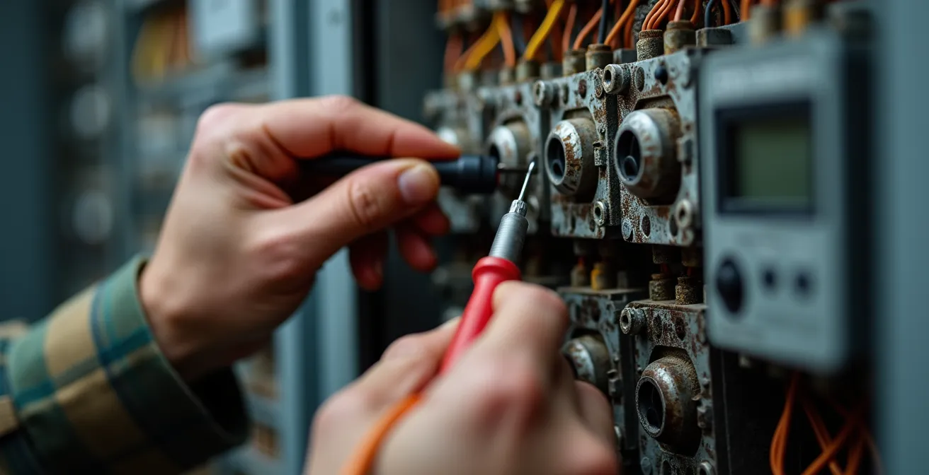 Mains d'électricien avec équipement de mesure vérifiant un panneau électrique moderne