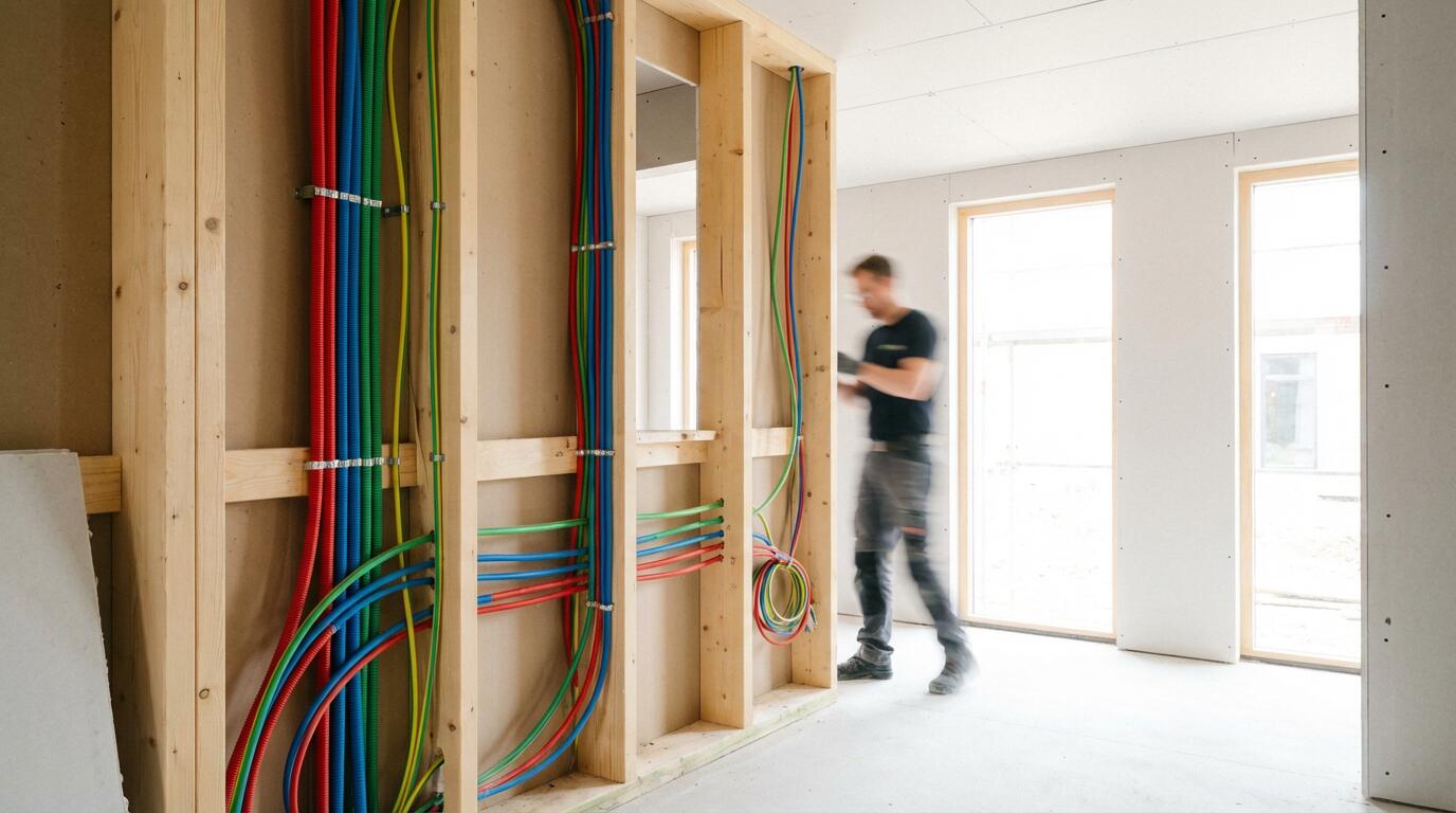 Vue d'un mur de construction avec gaines électriques et câbles colorés avant fermeture des cloisons