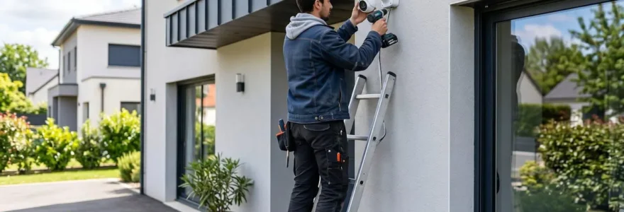 Électricien professionnel installant une caméra de vidéosurveillance sur le mur d'une maison moderne, vu de dos et de profil, en pleine journée