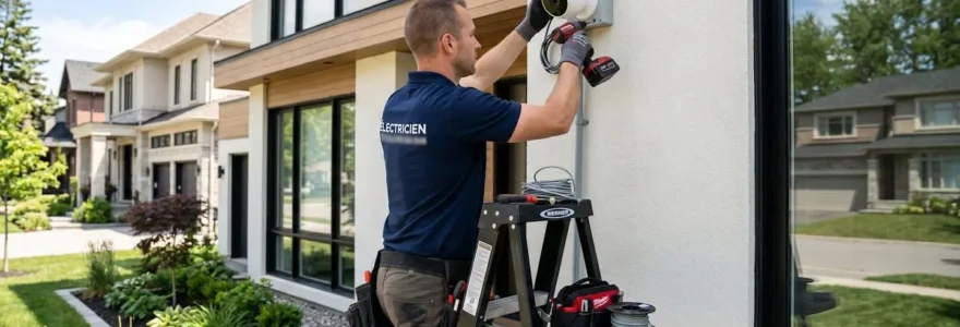 Électricien professionnel installant une caméra de vidéosurveillance sur le mur d'une maison moderne, vu de dos et de profil, en pleine journée