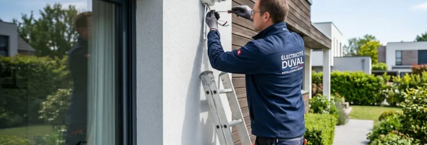 Électricien professionnel installant une caméra de vidéosurveillance sur le mur d'une maison moderne, vu de dos et de profil, en pleine journée