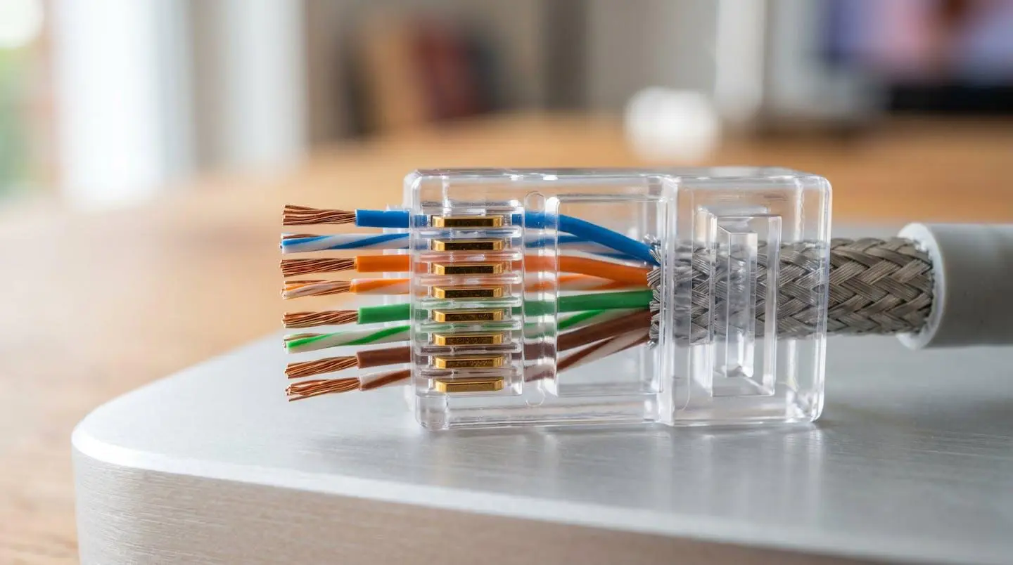 Gros plan sur un connecteur RJ45 avec câblage réseau basse tension, fils de cuivre visibles, sur une surface moderne avec flou d'arrière-plan