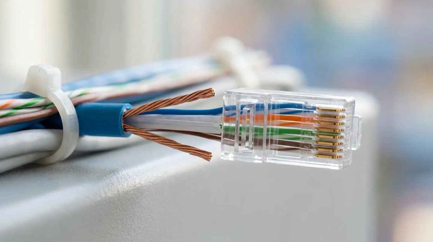 Gros plan sur un connecteur RJ45 avec câblage réseau basse tension, fils de cuivre visibles, sur une surface moderne avec flou d'arrière-plan