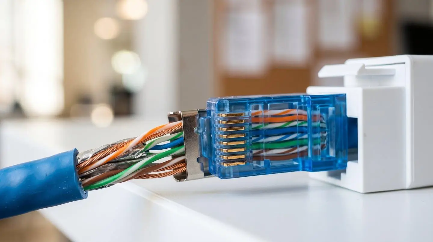 Gros plan sur un connecteur RJ45 avec câblage réseau basse tension, fils de cuivre visibles, sur une surface moderne avec flou d'arrière-plan