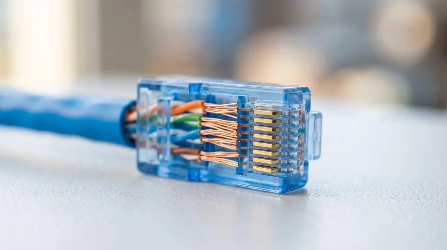 Gros plan sur un connecteur RJ45 avec câblage réseau basse tension, fils de cuivre visibles, sur une surface moderne avec flou d'arrière-plan