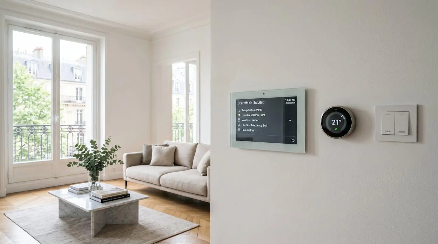 Panneau de contrôle domotique moderne et appareils connectés installés sur le mur d'un salon contemporain français, baigné de lumière naturelle