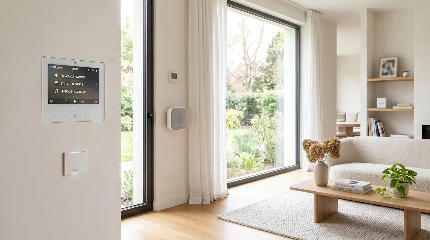 Panneau de contrôle domotique moderne et appareils connectés installés sur le mur d'un salon contemporain français, baigné de lumière naturelle