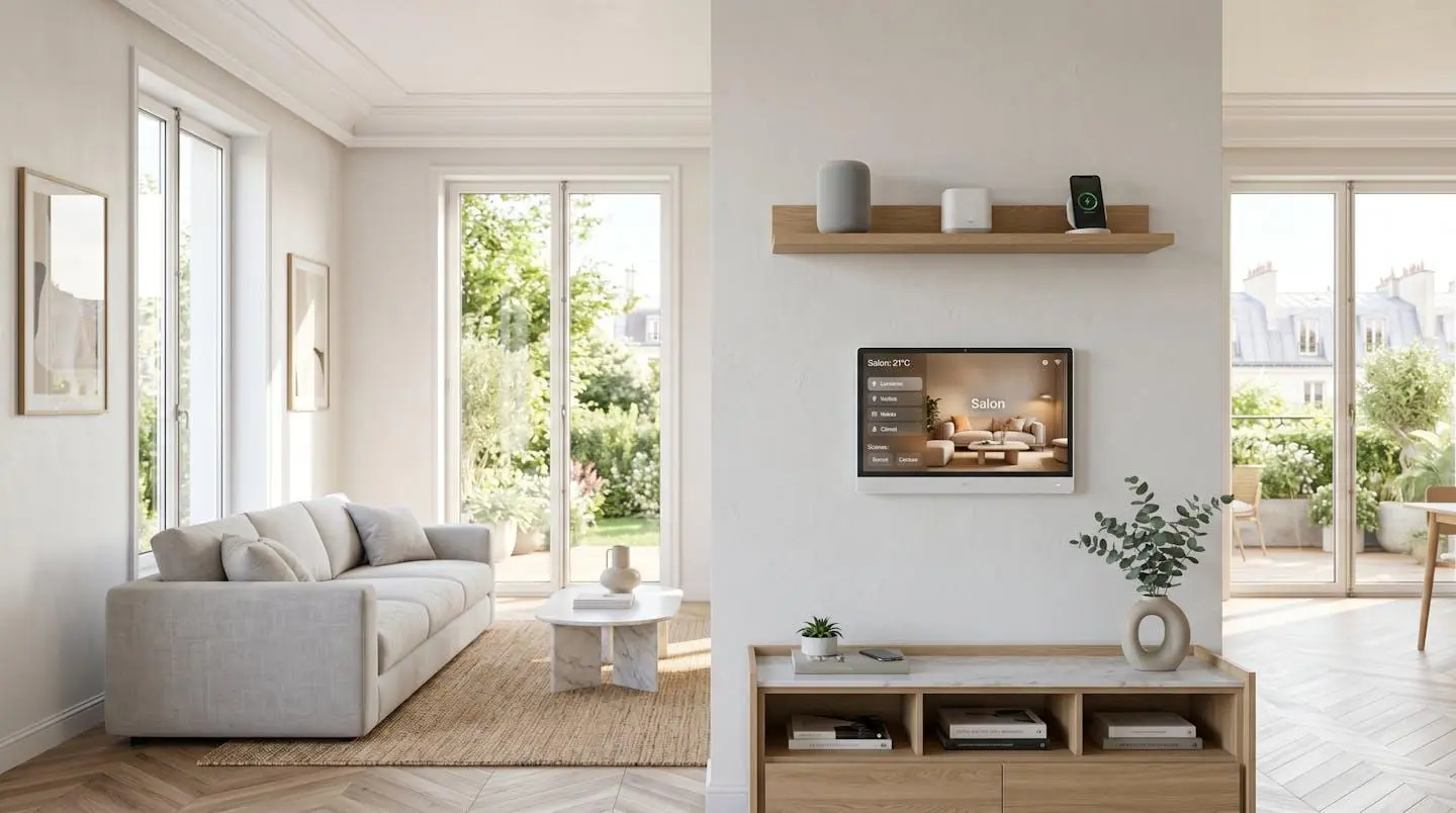 Panneau de contrôle domotique moderne et appareils connectés installés sur le mur d'un salon contemporain français, baigné de lumière naturelle