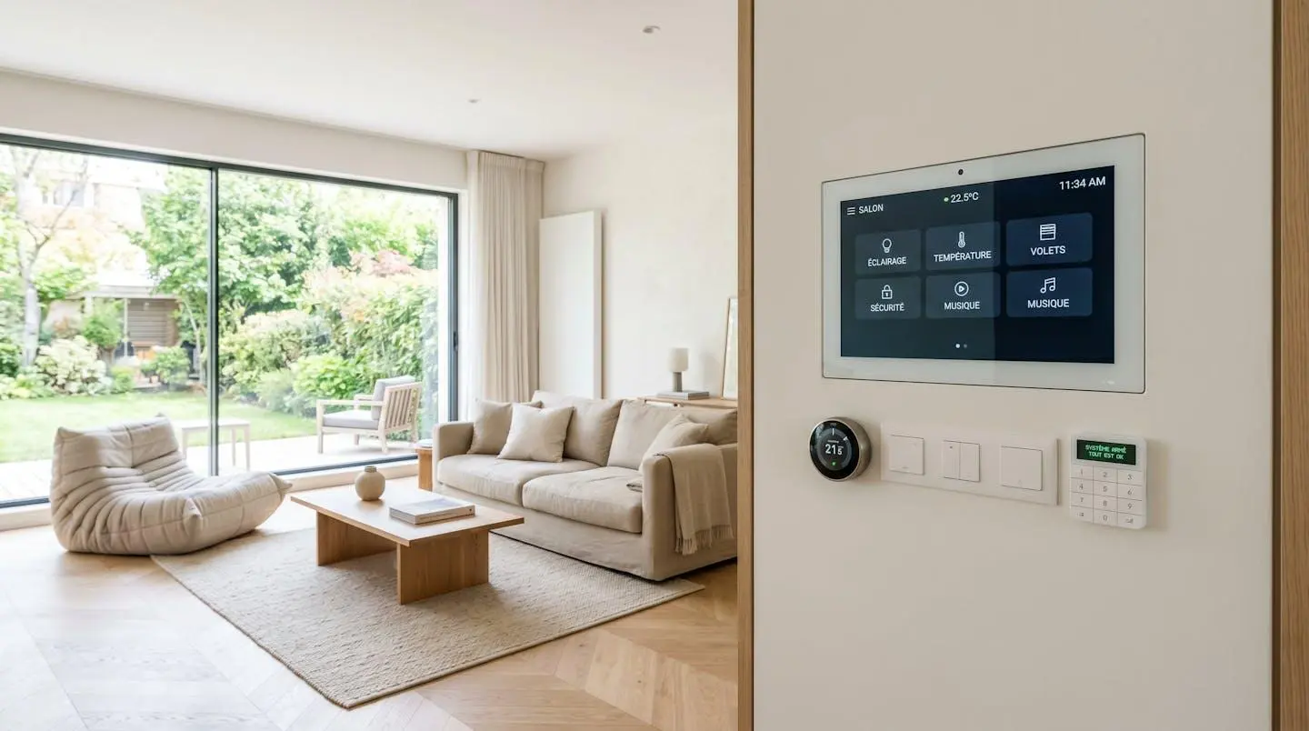 Panneau de contrôle domotique moderne et appareils connectés installés sur le mur d'un salon contemporain français, baigné de lumière naturelle