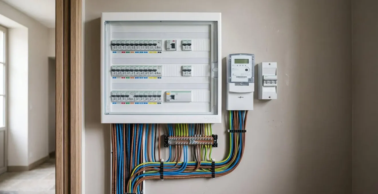 Installation électrique domestique moderne avec câbles et tableau de distribution illustrant les problèmes de chute de tension