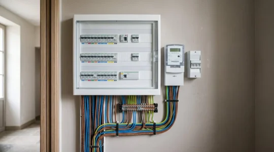 Installation électrique domestique moderne avec câbles et tableau de distribution illustrant les problèmes de chute de tension