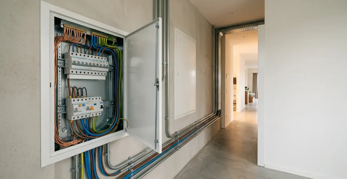 Installation électrique domestique avec câblage et appareils connectés illustrant les problématiques de baisse de tension