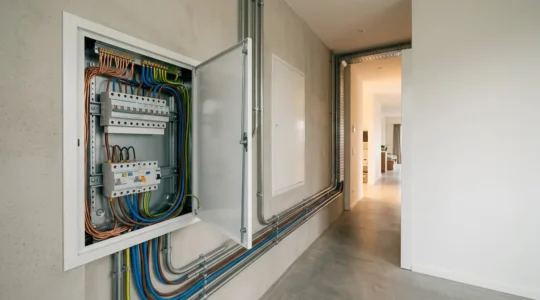 Installation électrique domestique avec câblage et appareils connectés illustrant les problématiques de baisse de tension