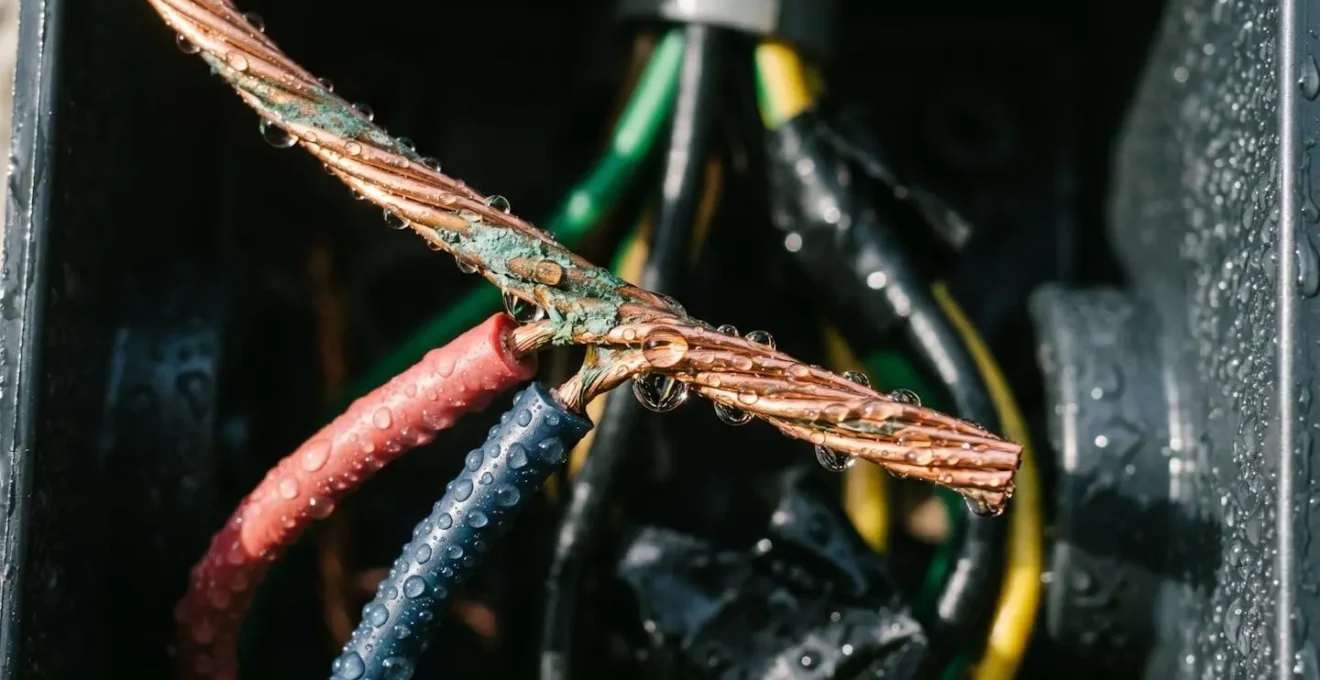 Gros plan sur une connexion électrique exposée à l'humidité montrant la formation de condensation
