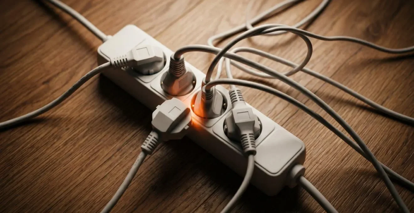Multiprise surchargée avec plusieurs appareils branchés illustrant les risques électriques domestiques