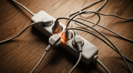 Multiprise surchargée avec plusieurs appareils branchés illustrant les risques électriques domestiques