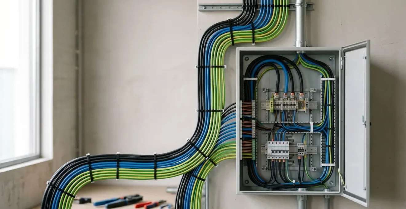 Installation de câblage électrique professionnel dans tableau avec organisation propre et évolutive