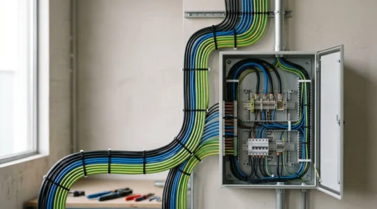 Installation de câblage électrique professionnel dans tableau avec organisation propre et évolutive