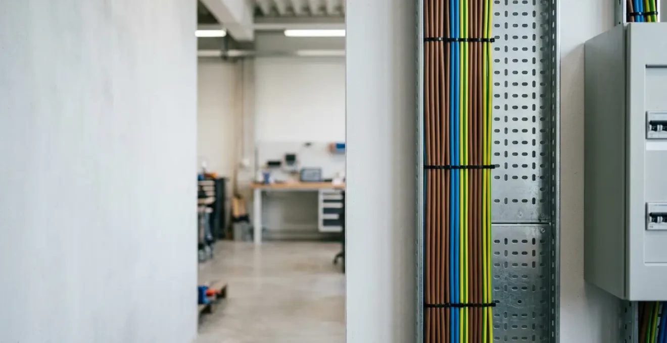 Installation électrique professionnelle avec câbles organisés dans un tableau