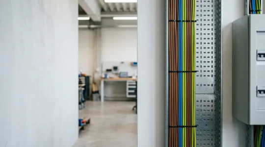 Installation électrique professionnelle avec câbles organisés dans un tableau