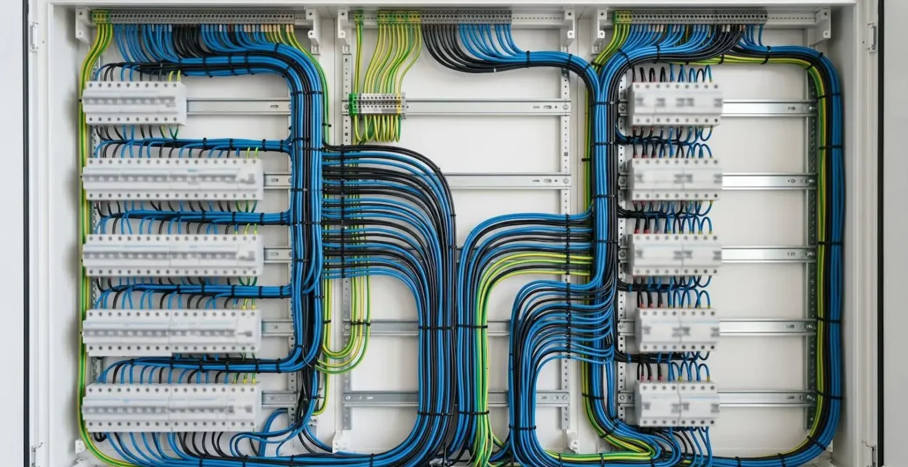 Câblage organisé d'un tableau électrique avec fils souples formant des courbes harmonieuses et rangées