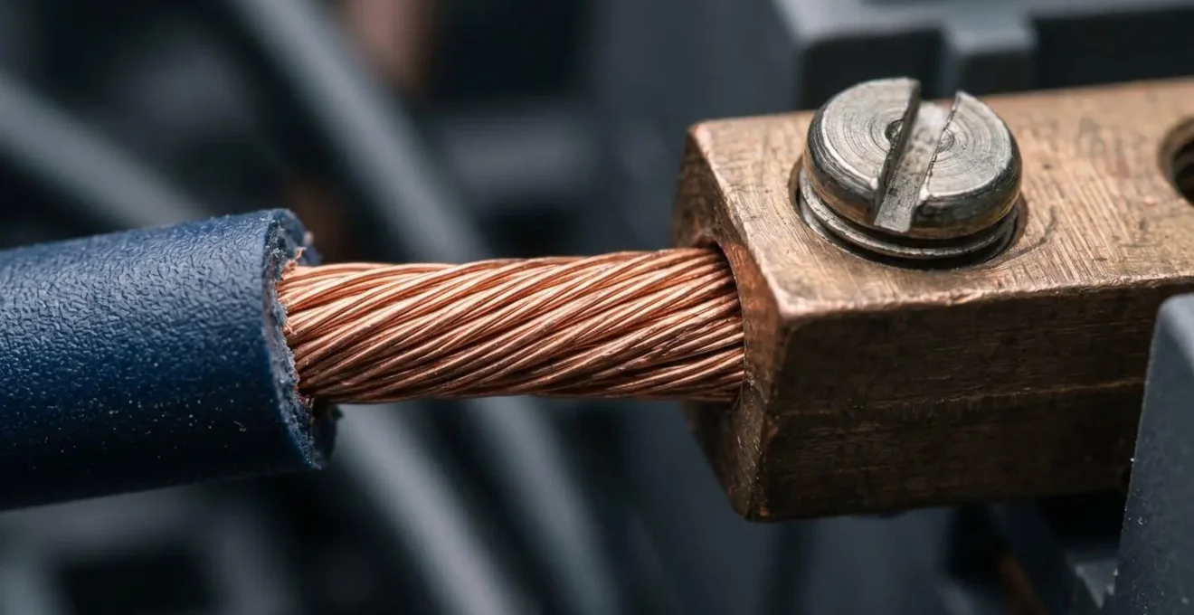Détail macro de fils électriques en cuivre avec gaine de protection et connexions de qualité