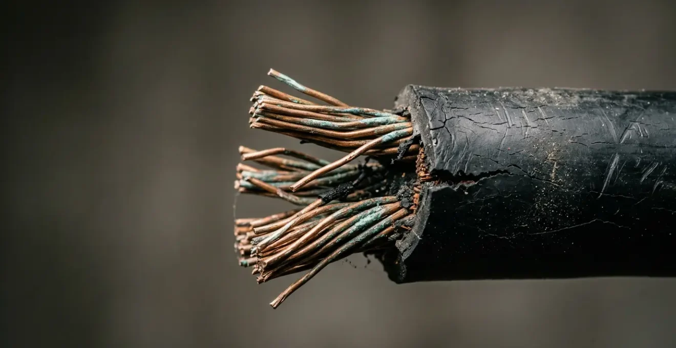Câble électrique présentant une isolation dégradée révélant les conducteurs exposés