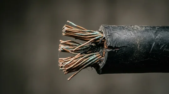 Câble électrique présentant une isolation dégradée révélant les conducteurs exposés