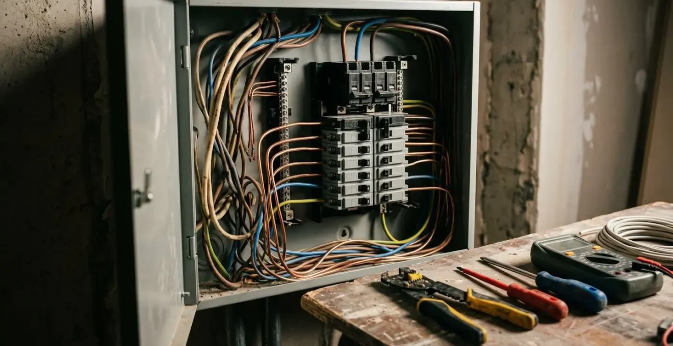 Chantier de rénovation électrique montrant un tableau électrique en cours d'intervention avec outils professionnels