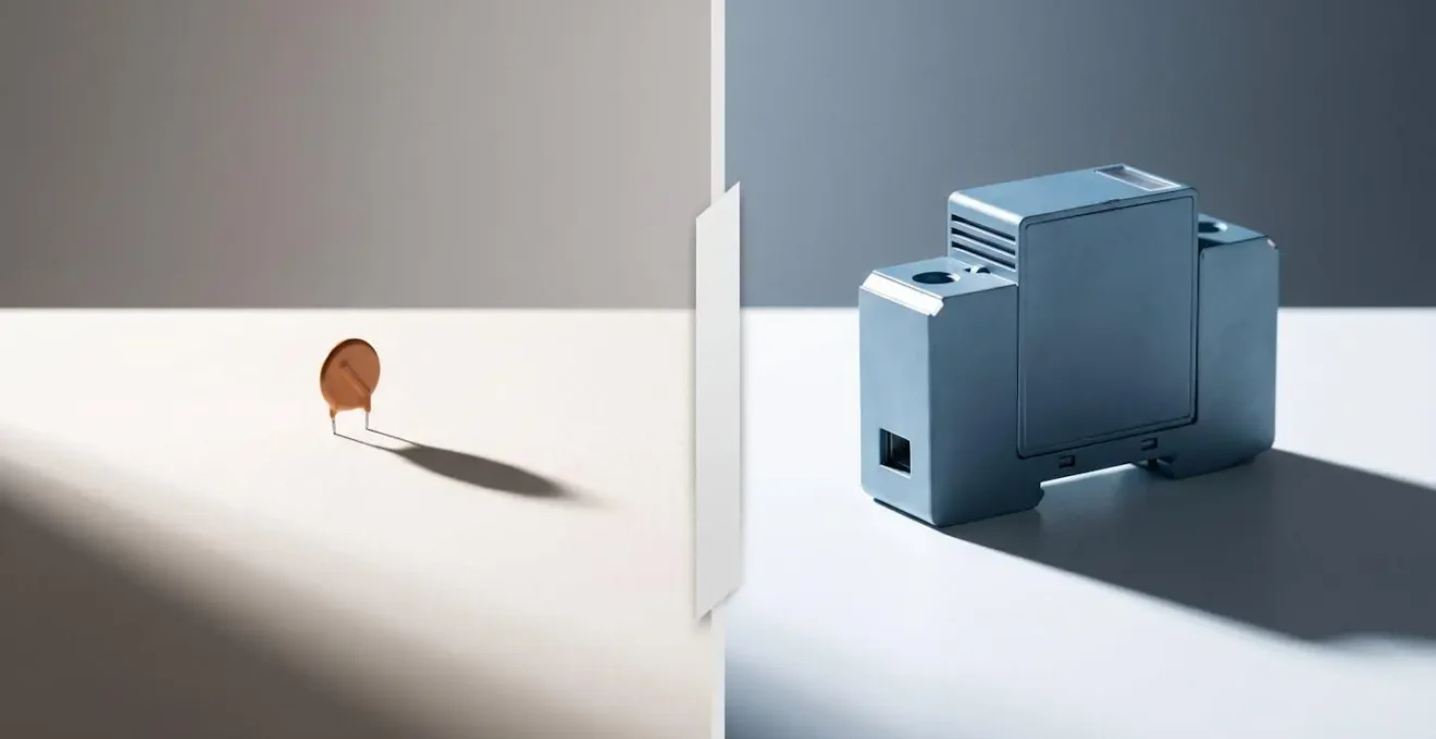 Comparaison symbolique de la taille des composants de protection entre multiprise bas de gamme et parafoudre professionnel
