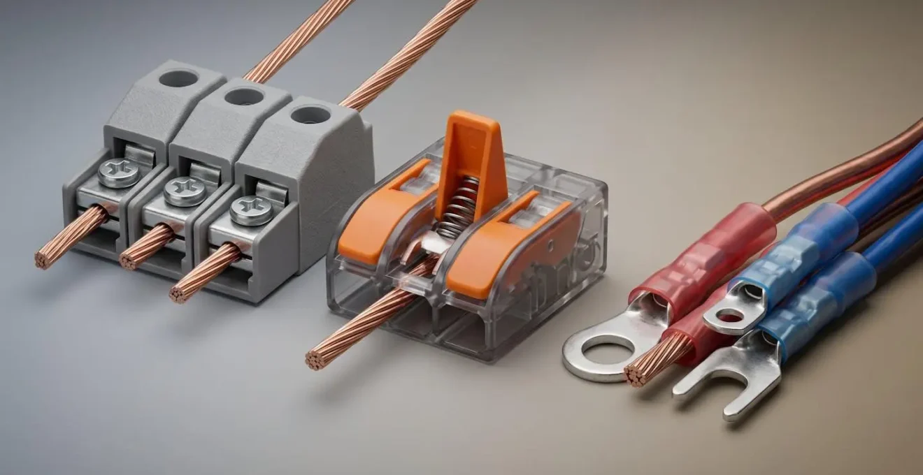 Vue rapprochée de trois types de connecteurs électriques sur surface neutre avec éclairage technique