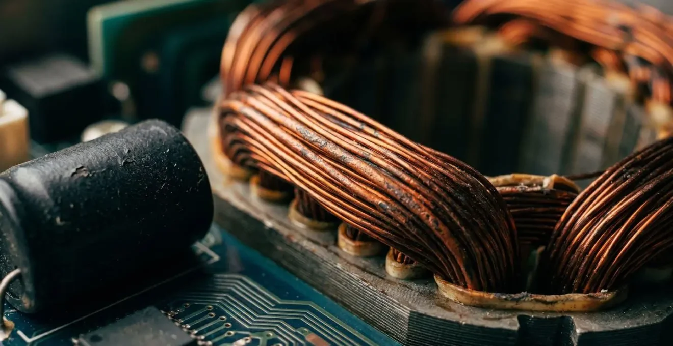 Gros plan détaillé sur les composants internes d'un moteur électrique montrant la texture des bobinages en cuivre