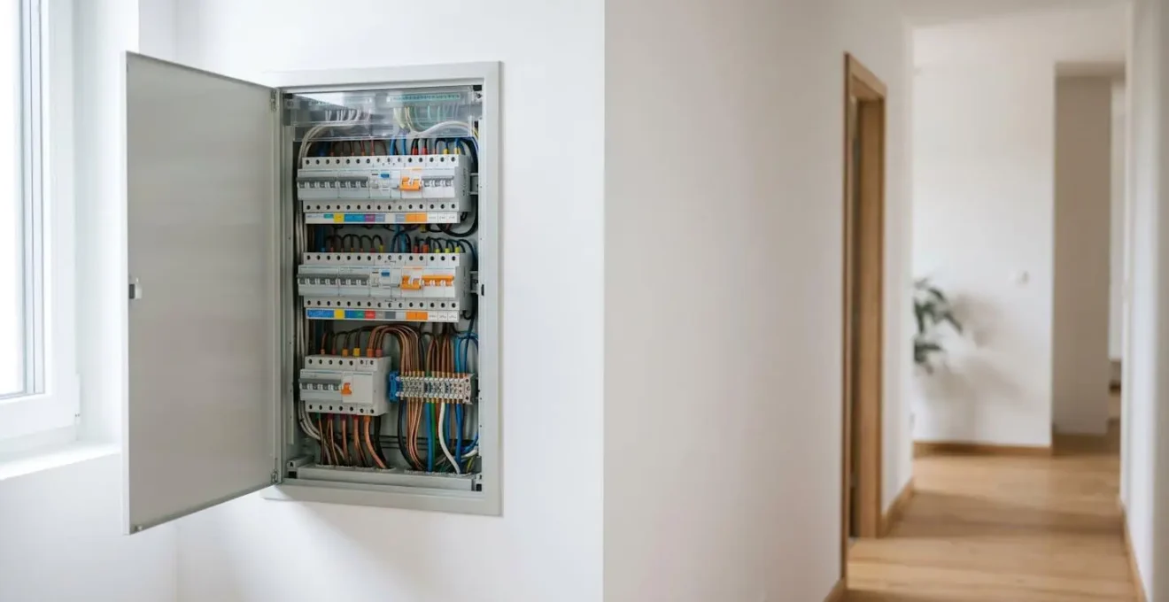 Installation électrique résidentielle moderne avec tableau électrique et circuits bien organisés