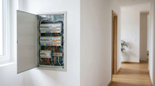Installation électrique résidentielle moderne avec tableau électrique et circuits bien organisés