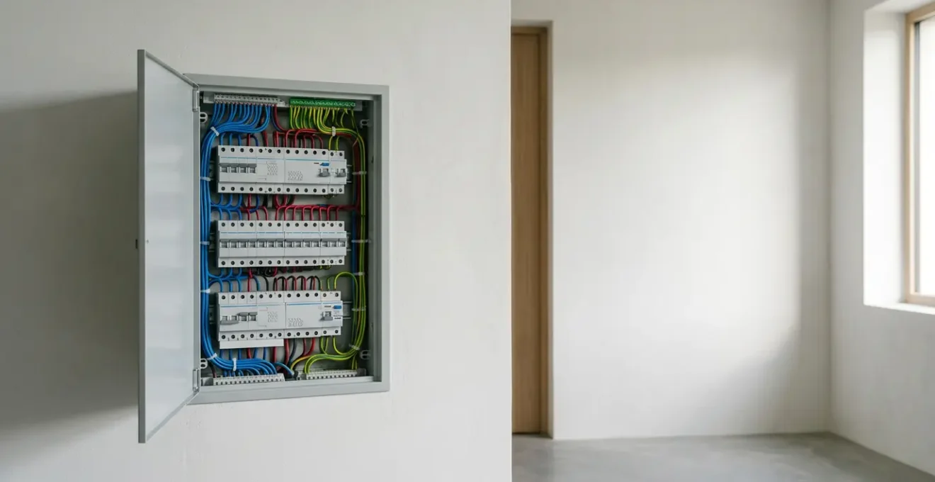 Installation électrique domestique moderne avec tableau de répartition et circuits organisés