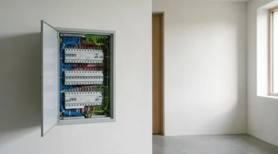 Installation électrique domestique moderne avec tableau de répartition et circuits organisés