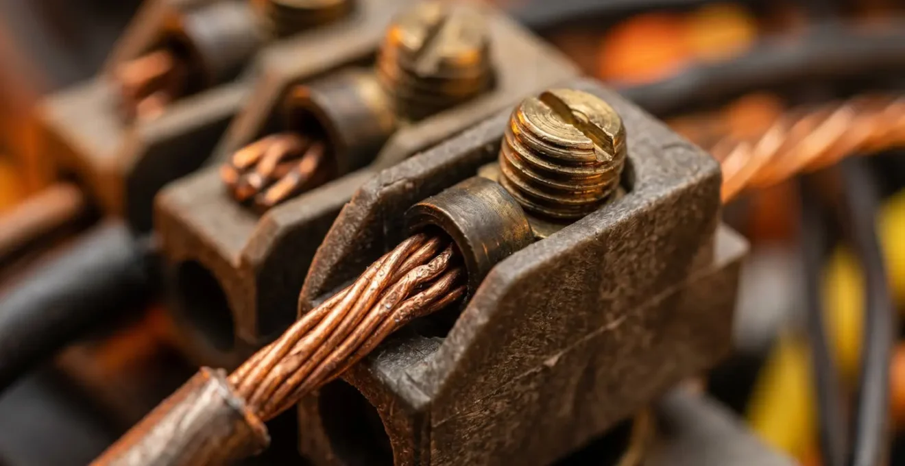 Gros plan macro sur une connexion électrique montrant la texture des conducteurs et l'échauffement potentiel