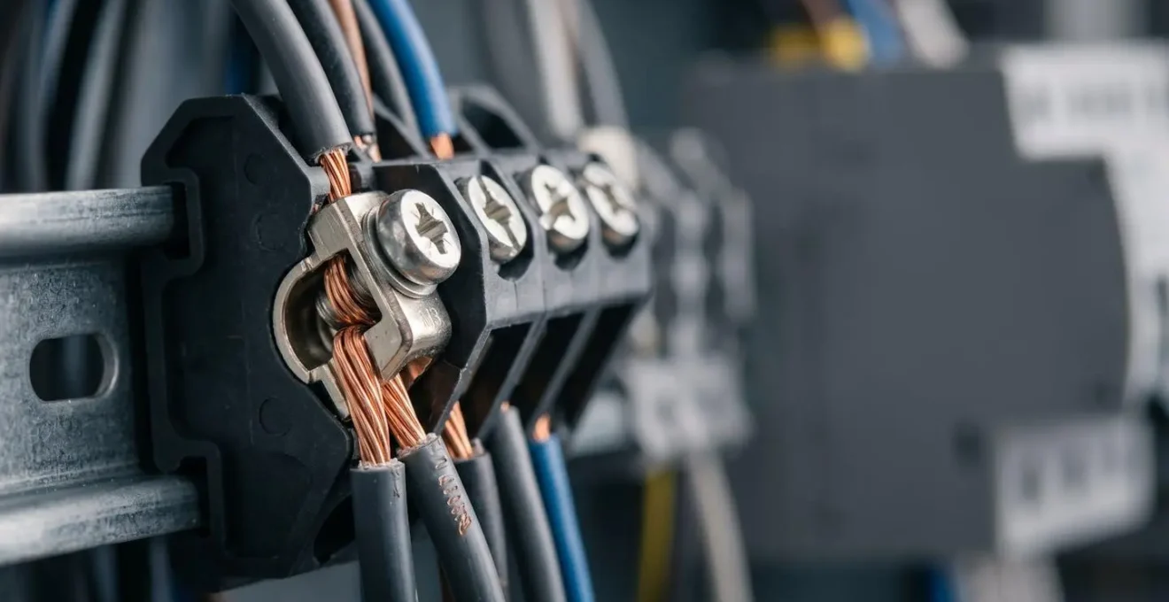 Gros plan sur des connexions électriques professionnelles avec borniers modernes dans un tableau électrique résidentiel