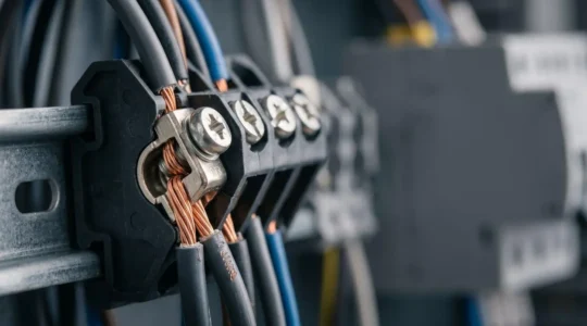 Gros plan sur des connexions électriques professionnelles avec borniers modernes dans un tableau électrique résidentiel