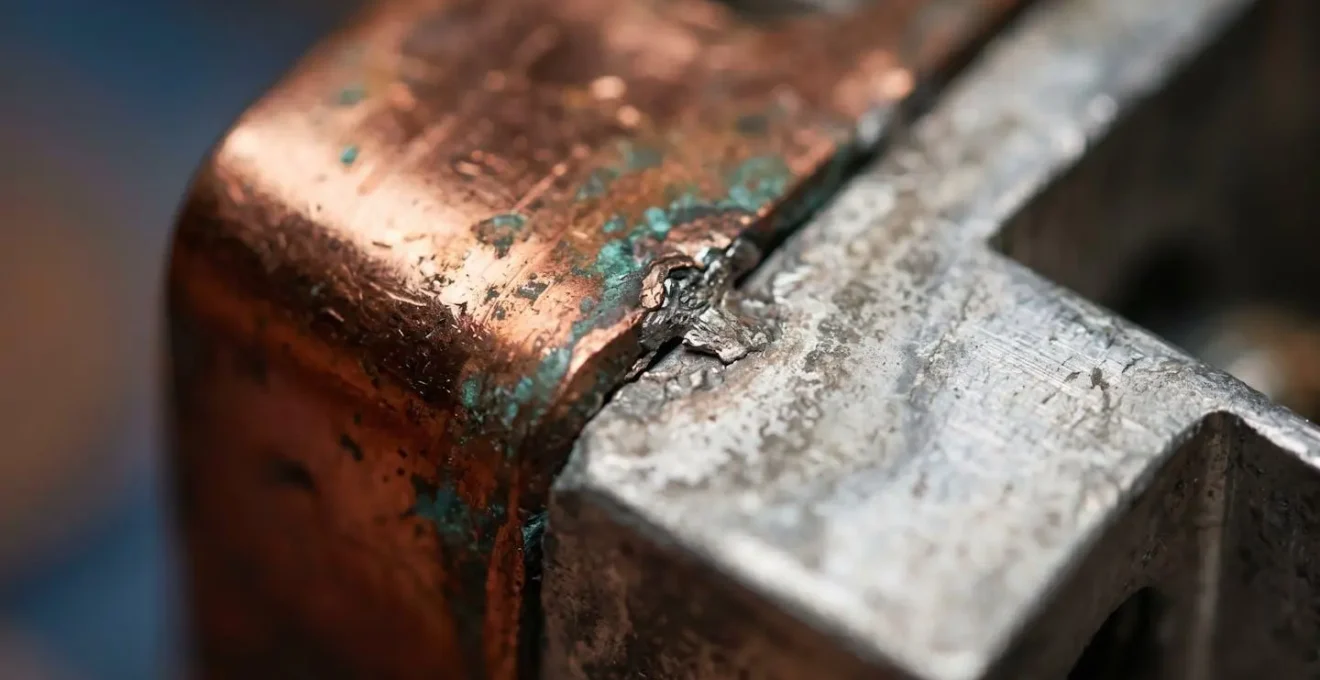 Macro photographie d'une surface métallique montrant contraste entre cuivre et aluminium avec texture oxydée