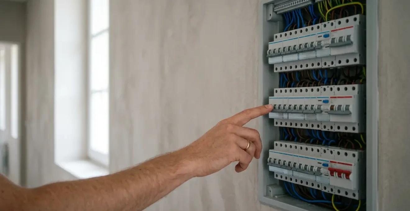 Tableau électrique domestique avec disjoncteurs et interrupteurs différentiels, main en approche pour diagnostic de panne