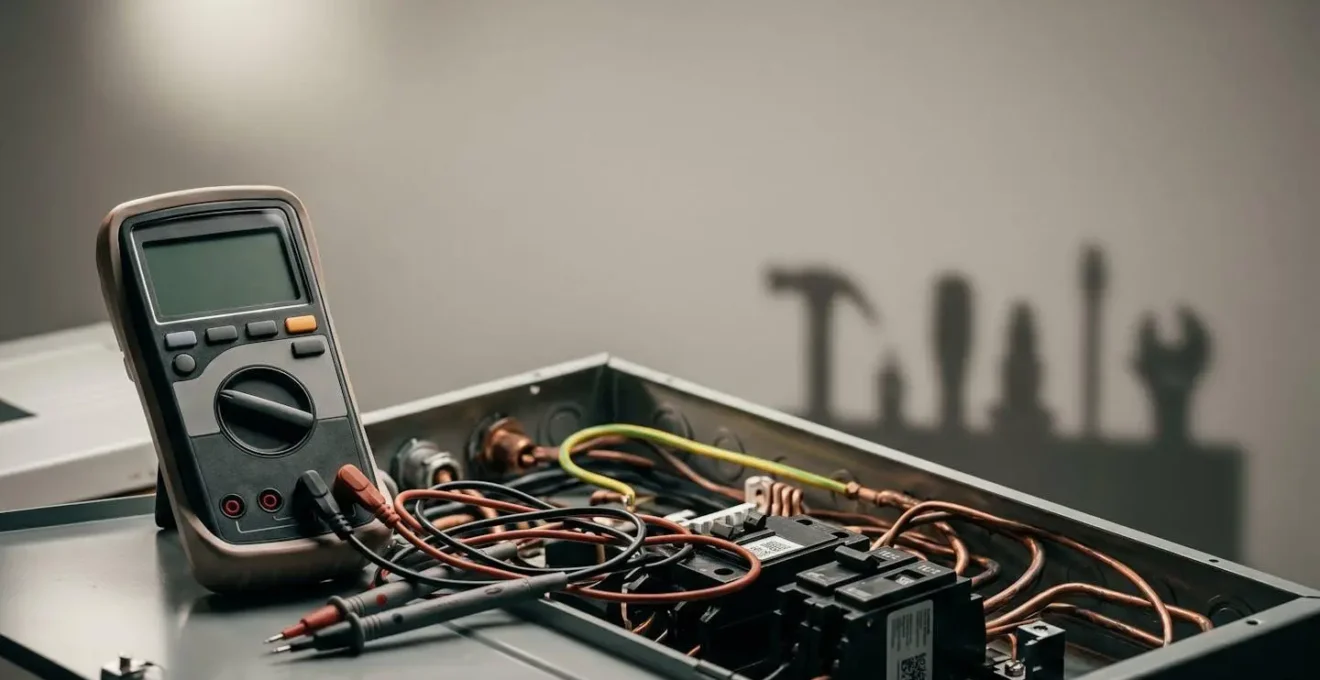 Dépannage électrique professionnel avec outils de mesure et tableau de protection