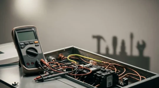 Dépannage électrique professionnel avec outils de mesure et tableau de protection
