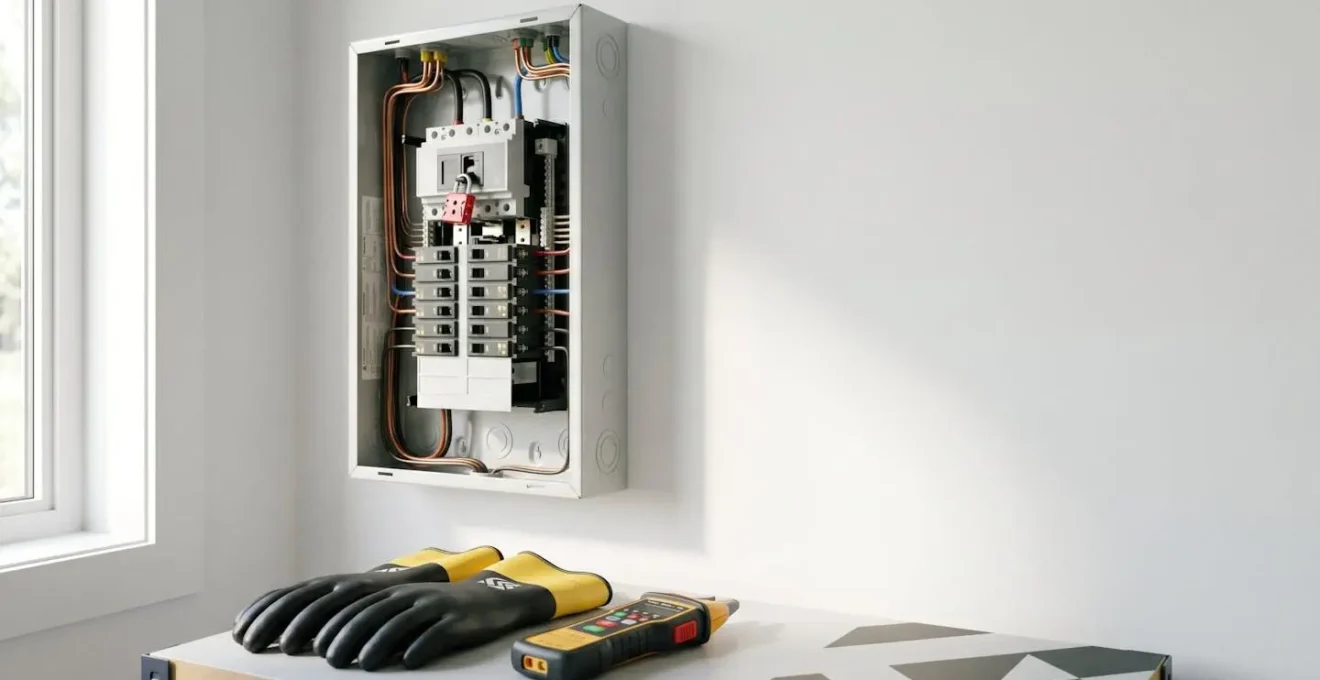 Intervention électrique sécurisée avec équipements de protection sur tableau électrique résidentiel