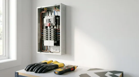 Intervention électrique sécurisée avec équipements de protection sur tableau électrique résidentiel