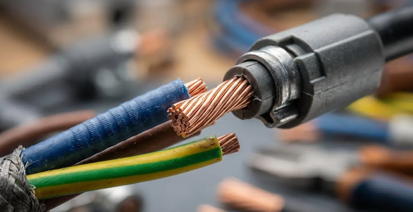 Vue macro détaillée des connexions physiques et textures techniques d'un environnement de câblage électrique